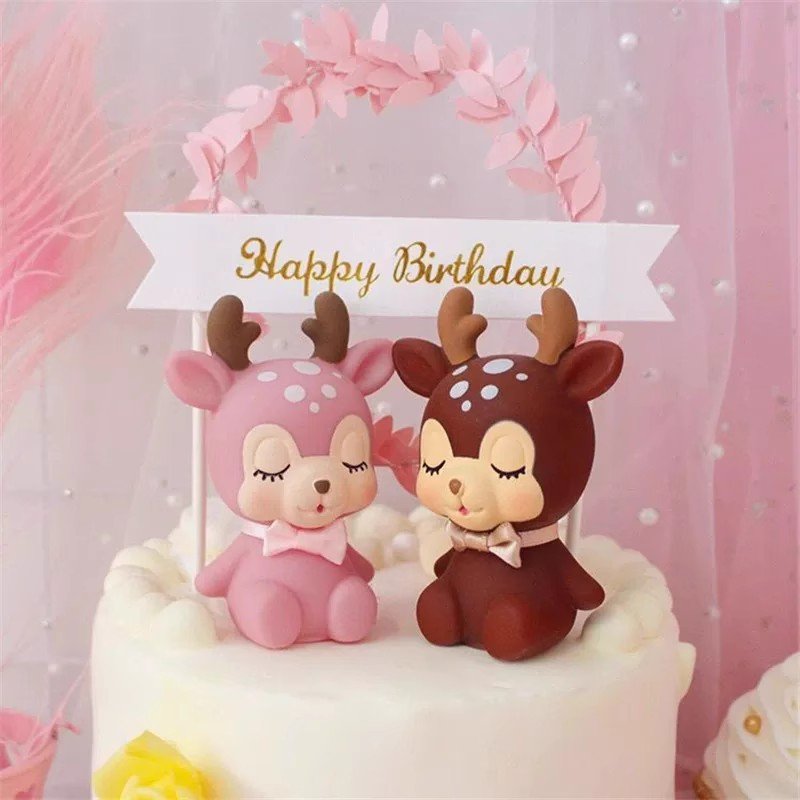 Cute deer bow tie Sika deer children's birthday cake decoration cake topper toys Happy Birthday Party supplies