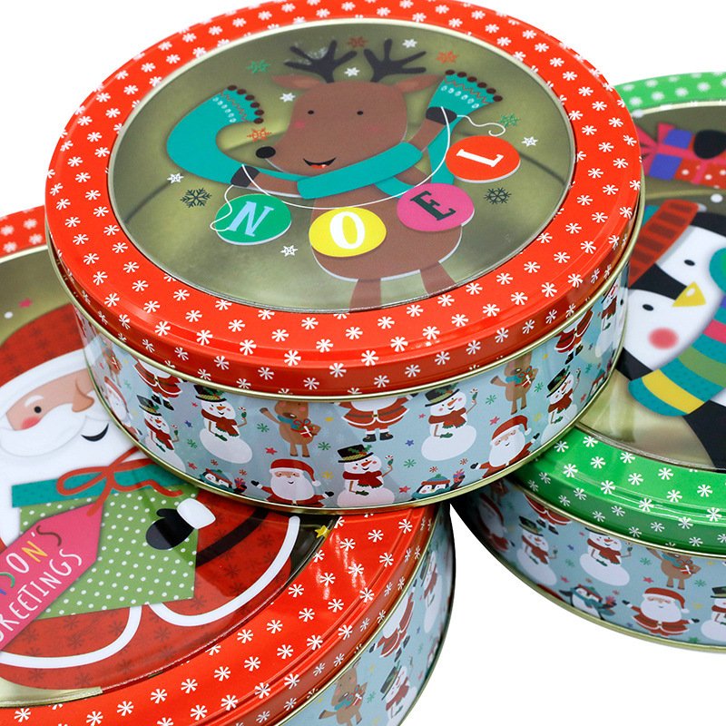 Wholesale Custom Printed Round Tin Box Christmas Santa With Clear Window Food Grade For Biscuit Chocolate Packaging