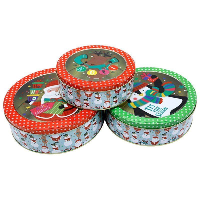 Wholesale Custom Printed Round Tin Box Christmas Santa With Clear Window Food Grade For Biscuit Chocolate Packaging