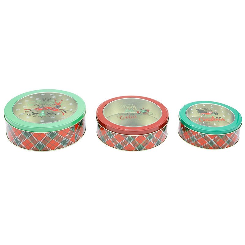 Wholesale Custom Printed Round Tin Box Christmas Santa With Clear Window Food Grade For Biscuit Chocolate Packaging