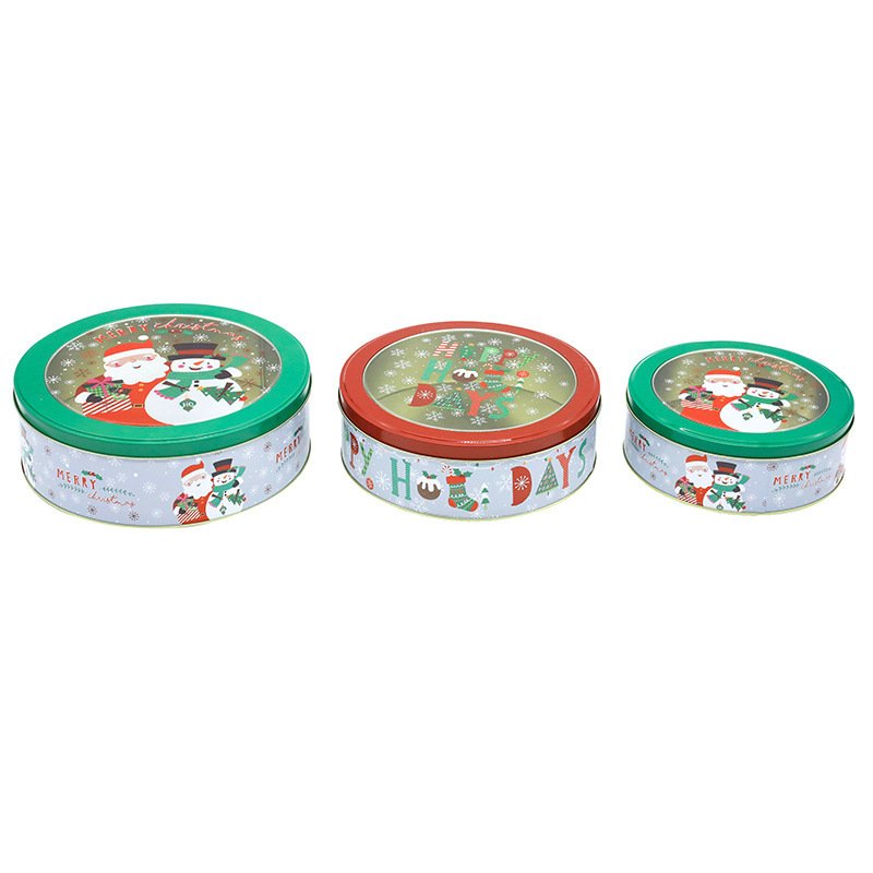 Wholesale Custom Printed Round Tin Box Christmas Santa With Clear Window Food Grade For Biscuit Chocolate Packaging