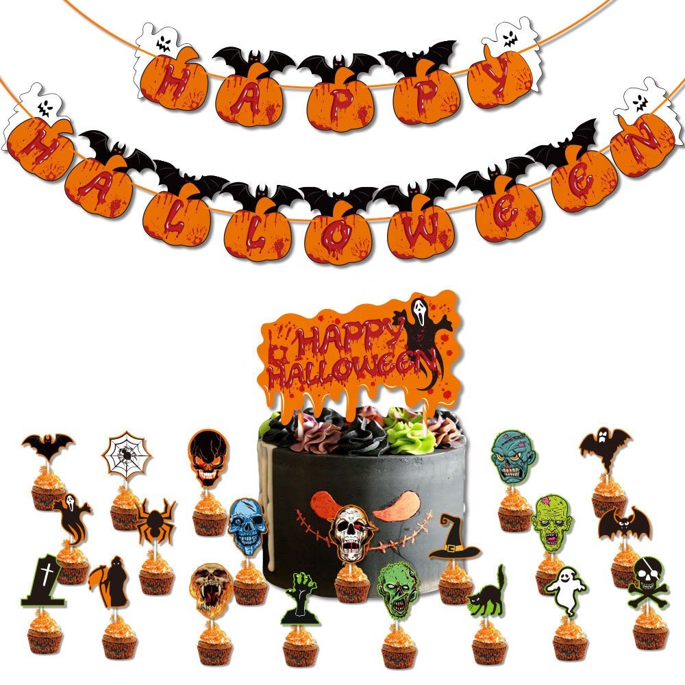 Nice Halloween Party Kit Balloon Cake Topper Halloween Paper Banner For Party Decoration Halloween Supplies