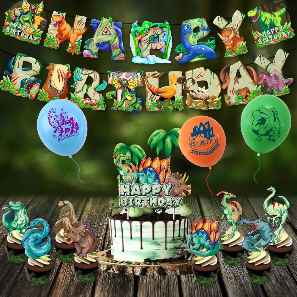 Dinosaur Theme Kids Birthday Party Decoration Dinosaur Flag T-Rex Cake Toppers Latex Balloon Set Supplies