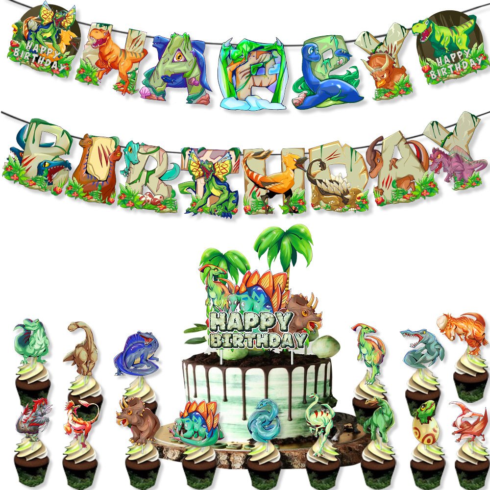 Dinosaur Theme Kids Birthday Party Decoration Dinosaur Flag T-Rex Cake Toppers Latex Balloon Set Supplies