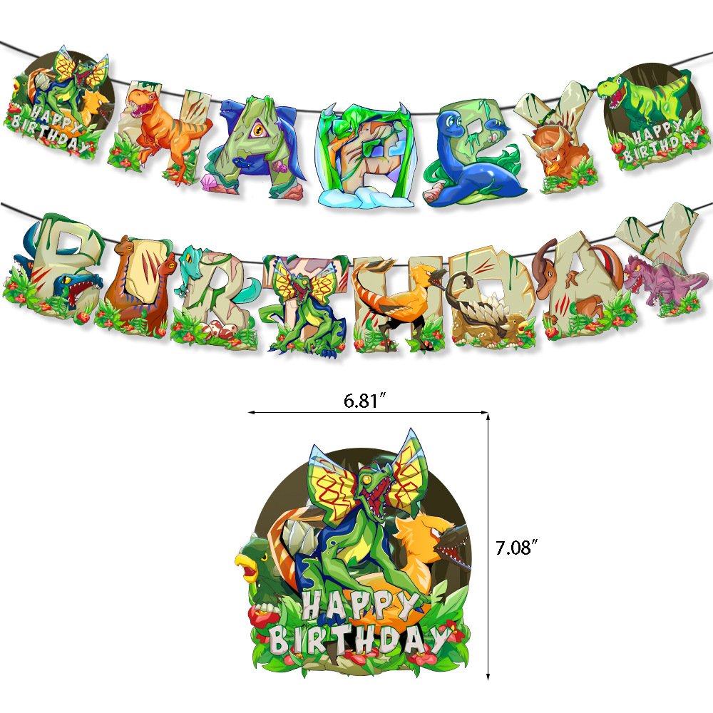 Dinosaur Theme Kids Birthday Party Decoration Dinosaur Flag T-Rex Cake Toppers Latex Balloon Set Supplies