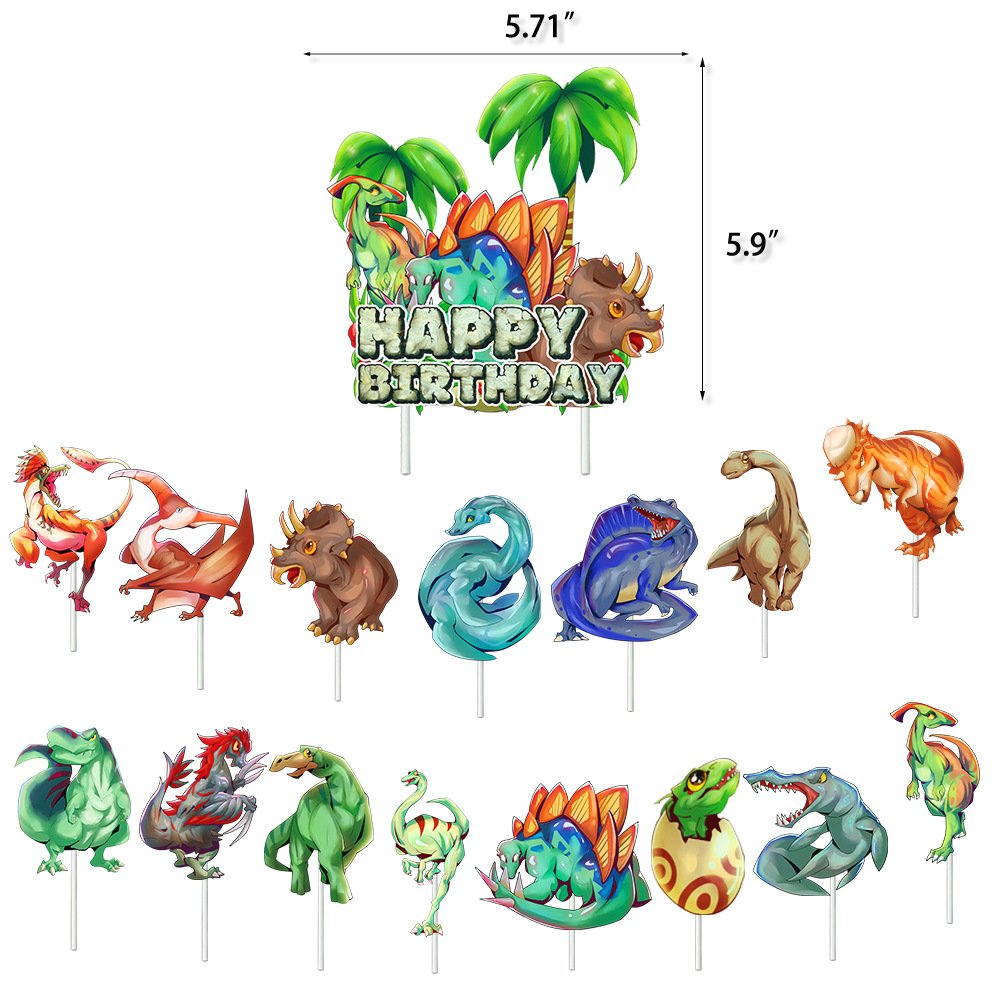 Dinosaur Theme Kids Birthday Party Decoration Dinosaur Flag T-Rex Cake Toppers Latex Balloon Set Supplies