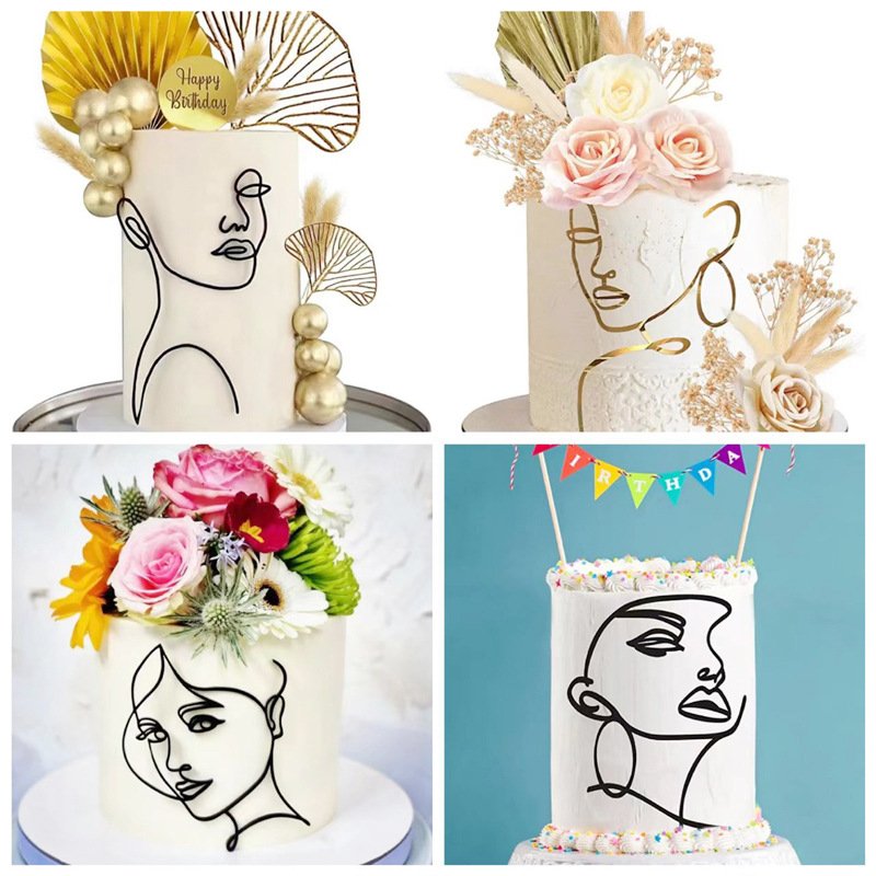 Abstract minimalist figure face art face line acrylic mirror paste cake decoration baking plug-in cake topper