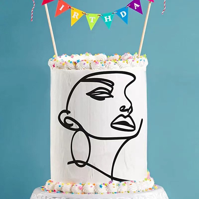 Abstract minimalist figure face art face line acrylic mirror paste cake decoration baking plug-in cake topper