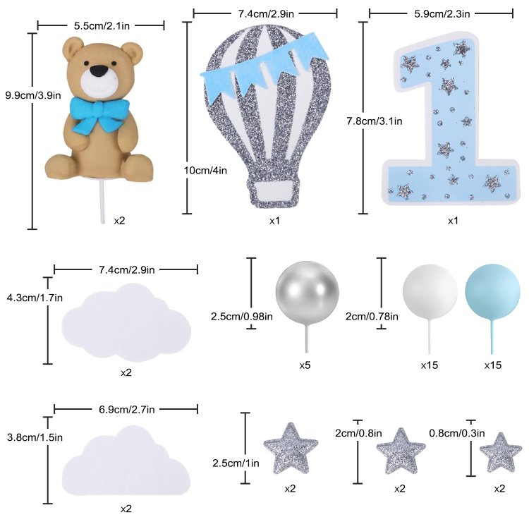 3D Twin Bears Cake Topper Balls Clouds Glitter Stars Cake Decoration for Birthday Baby Shower Party Supplies
