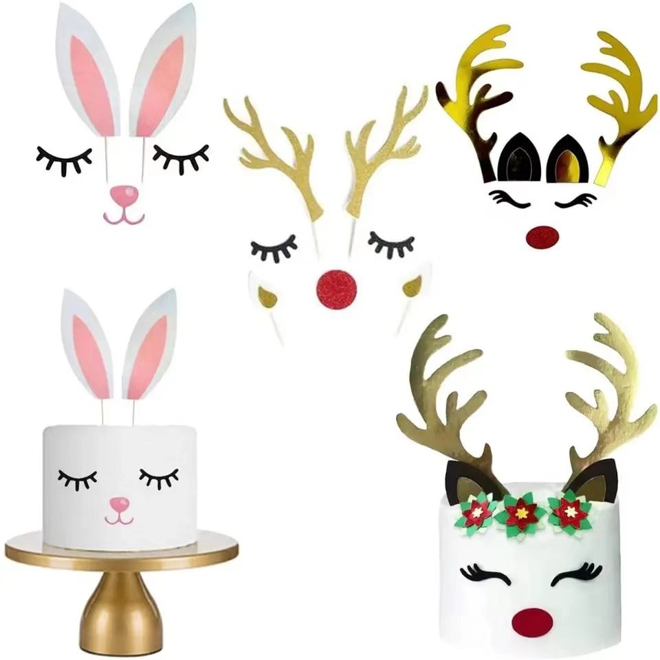 Paper Merry Christmas Cake Toppers Set Christmas Elk Cute White Rabbit Sika Deer Set Cake Decoration Baking Decorations Supplies