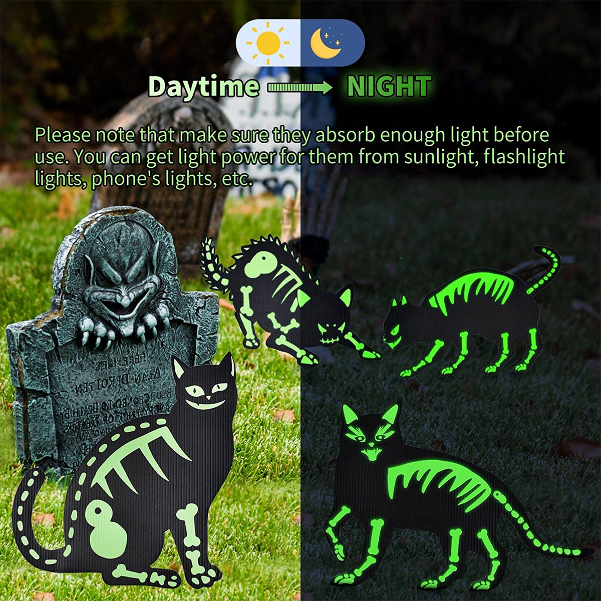 Halloween Tombstone Skeleton Pumpkin Black Zombie Hands Spooky Cat Ghost Glow in the Dark Yard Signs Stakes Outdoor Lawn Decor