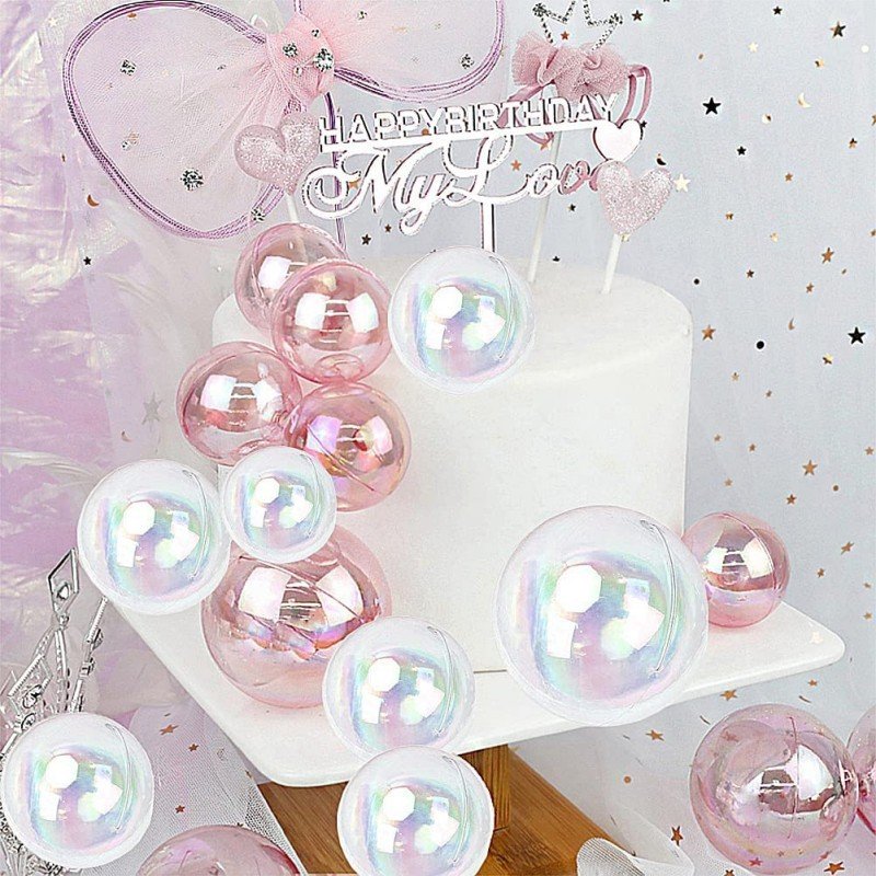 3/4/5/6cm 4pcs Faux Balls Happy Birthday Pink Transparent Cake Decoration Ball Cake Topper