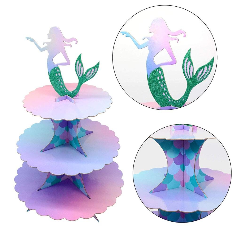 New Product 3 Tier Carriage Paper Cardboard Mermaid Party Decoration Cupcake Cake Stand For Cupcake Supplies