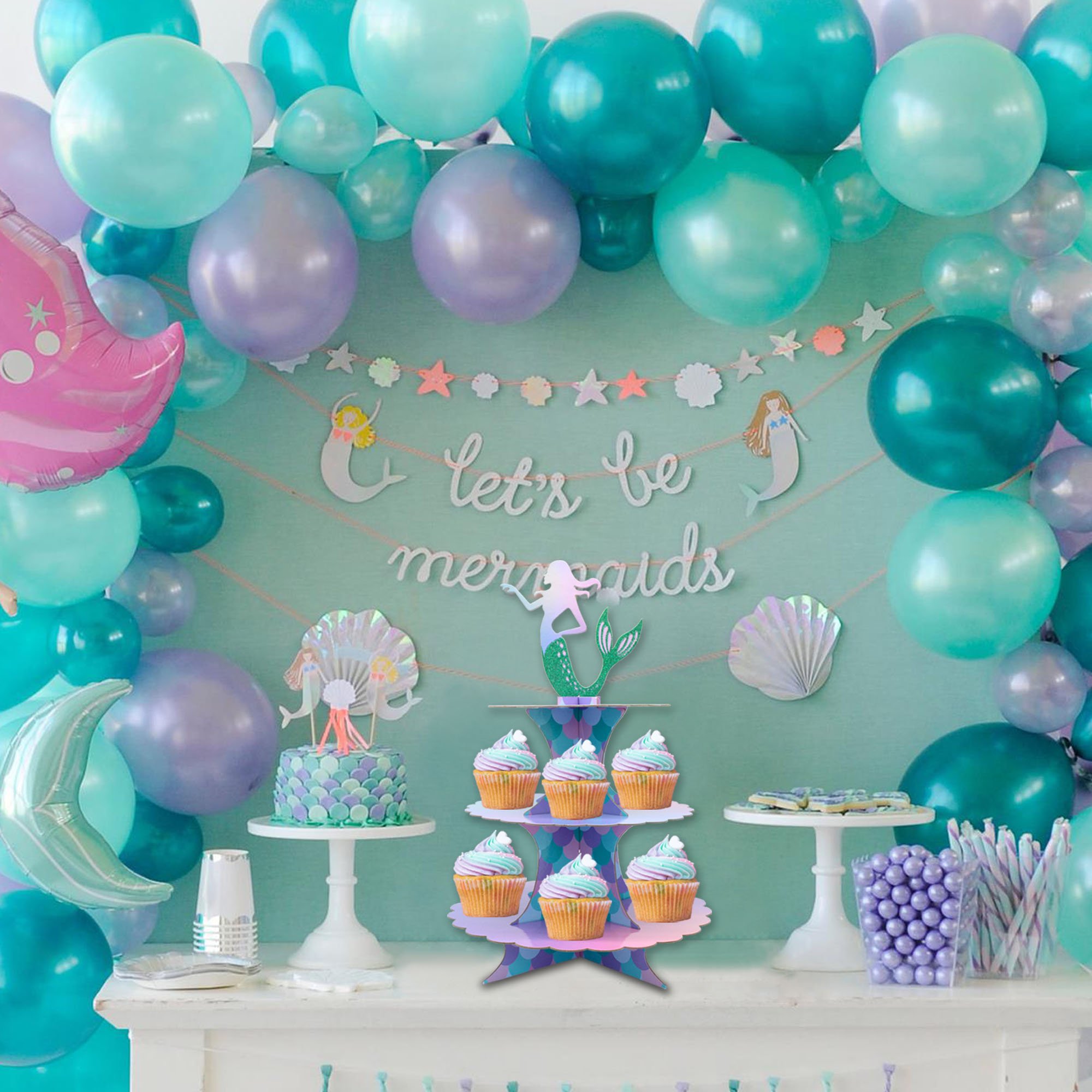 New Product 3 Tier Carriage Paper Cardboard Mermaid Party Decoration Cupcake Cake Stand For Cupcake Supplies