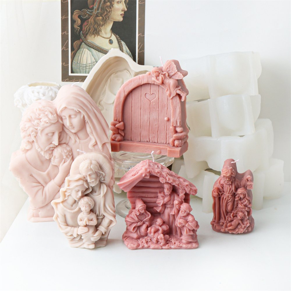 Religious Family of Virgin Mary with Jesus Candle Silicon Mold DIY Nativity Scene Statue Holy Family Gypsum Home Decor Mold