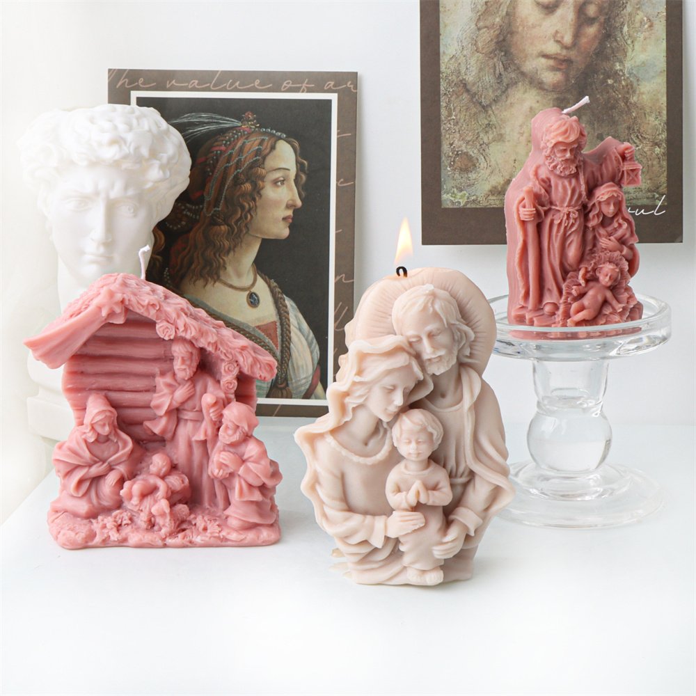 Religious Family of Virgin Mary with Jesus Candle Silicon Mold DIY Nativity Scene Statue Holy Family Gypsum Home Decor Mold