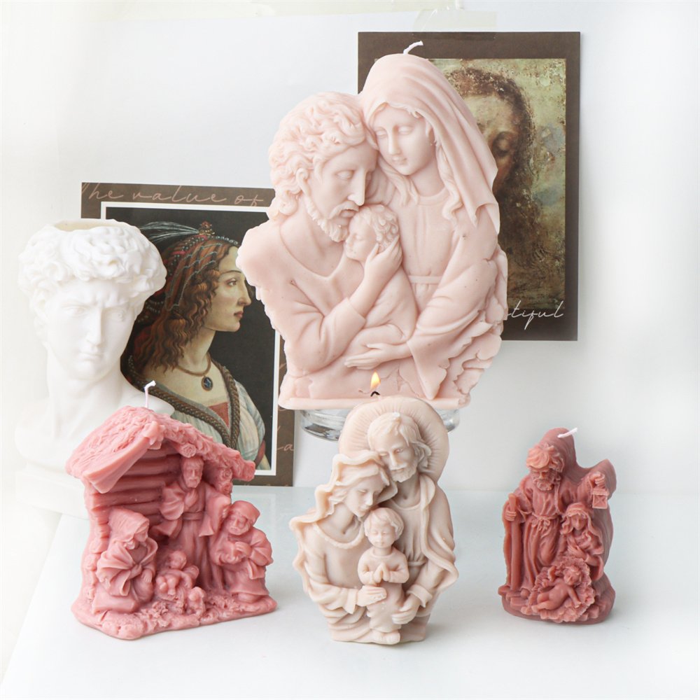 Religious Family of Virgin Mary with Jesus Candle Silicon Mold DIY Nativity Scene Statue Holy Family Gypsum Home Decor Mold