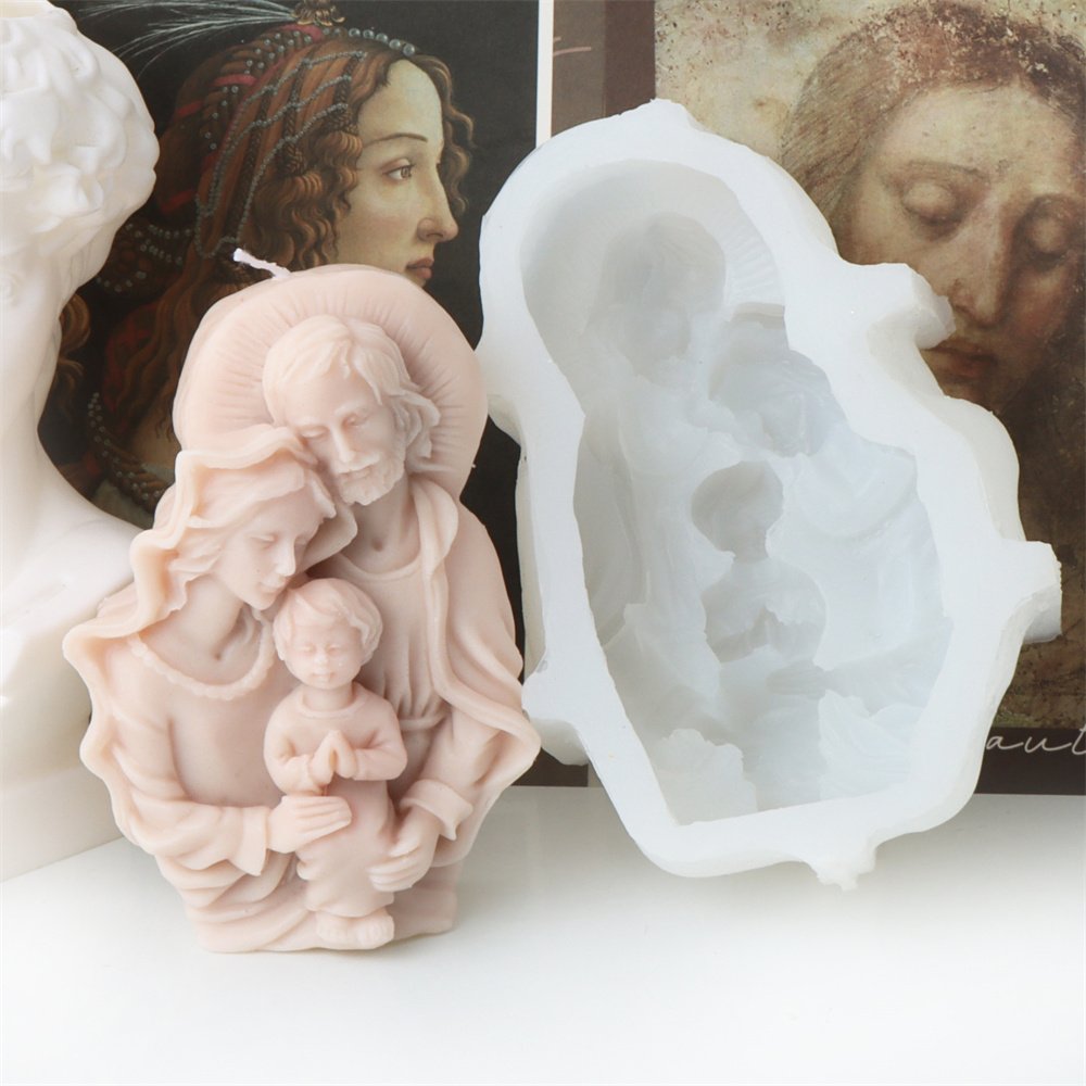 Religious Family of Virgin Mary with Jesus Candle Silicon Mold DIY Nativity Scene Statue Holy Family Gypsum Home Decor Mold