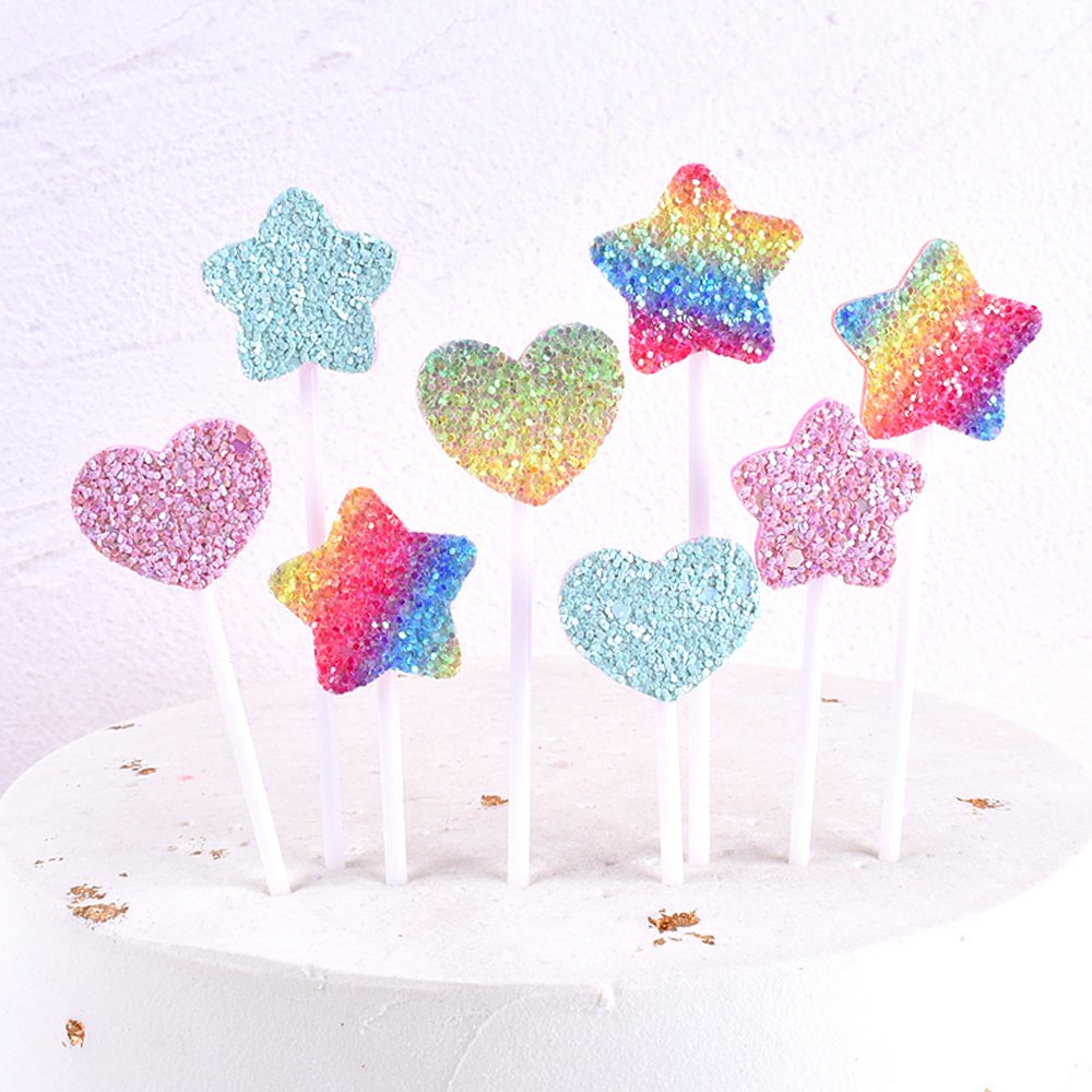 5 Pcs/Pack Glitter Love Heart Star Cupcake Topper Decoration Cake Toppers for Valentine's Day Birthday Party Decor Supplies