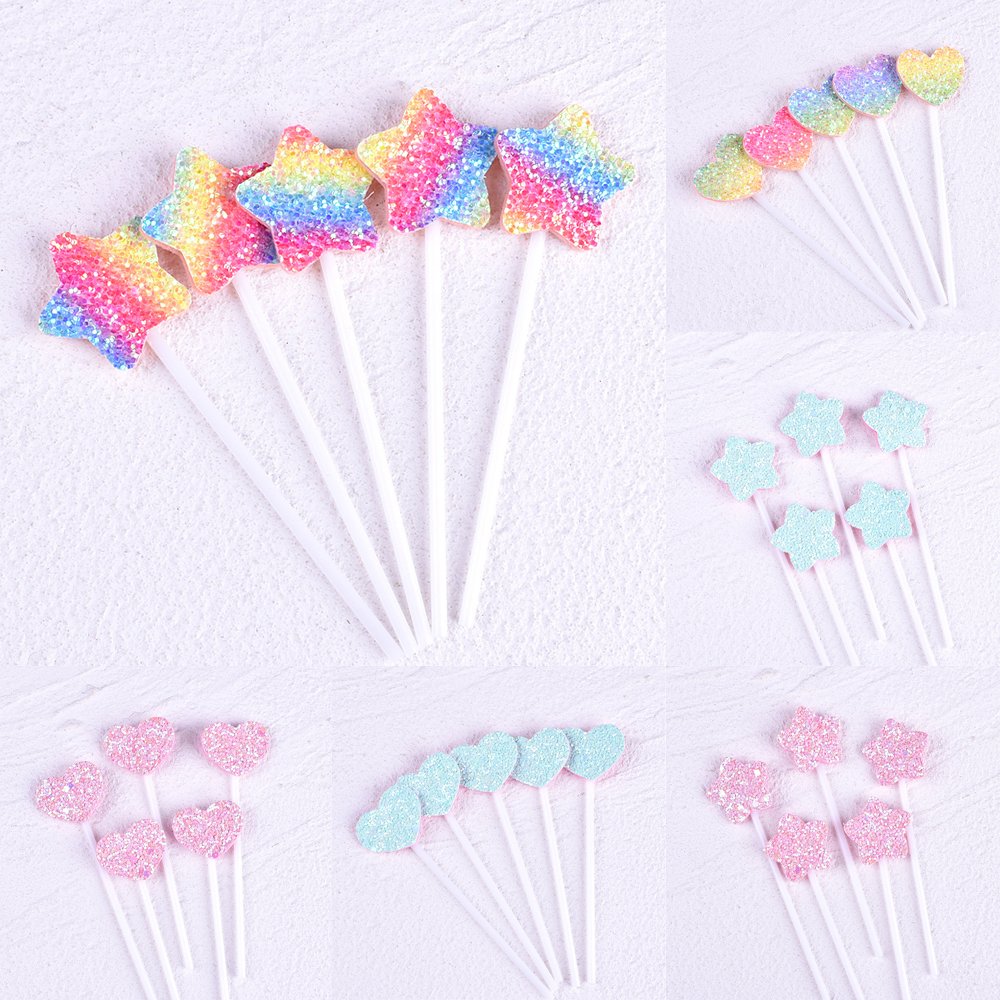 5 Pcs/Pack Glitter Love Heart Star Cupcake Topper Decoration Cake Toppers for Valentine's Day Birthday Party Decor Supplies