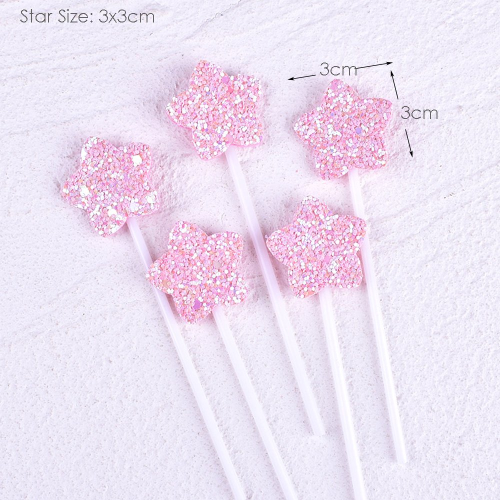 5 Pcs/Pack Glitter Love Heart Star Cupcake Topper Decoration Cake Toppers for Valentine's Day Birthday Party Decor Supplies