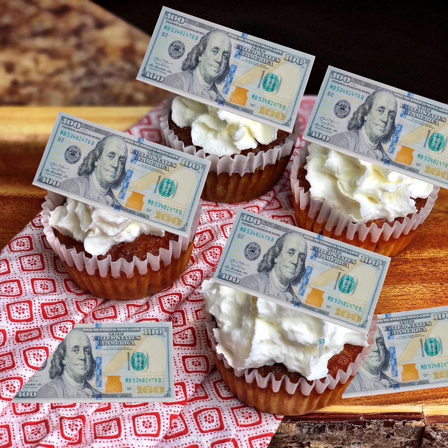 Edible 100 Dollar Bill Image Cupcake Toppers Made of Wafer Paper Prop Money Cake Decoration for Birthday Party Supplies