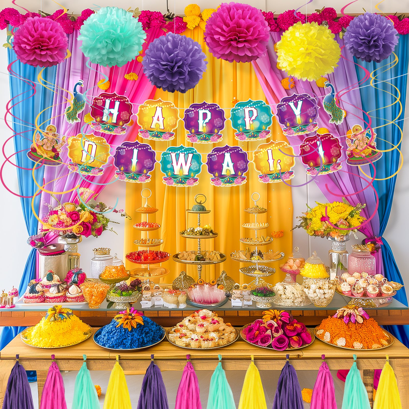 Umiss Paper Diwali Party Decoration paper banner cake toppers and balloons paper fans hanging decoration