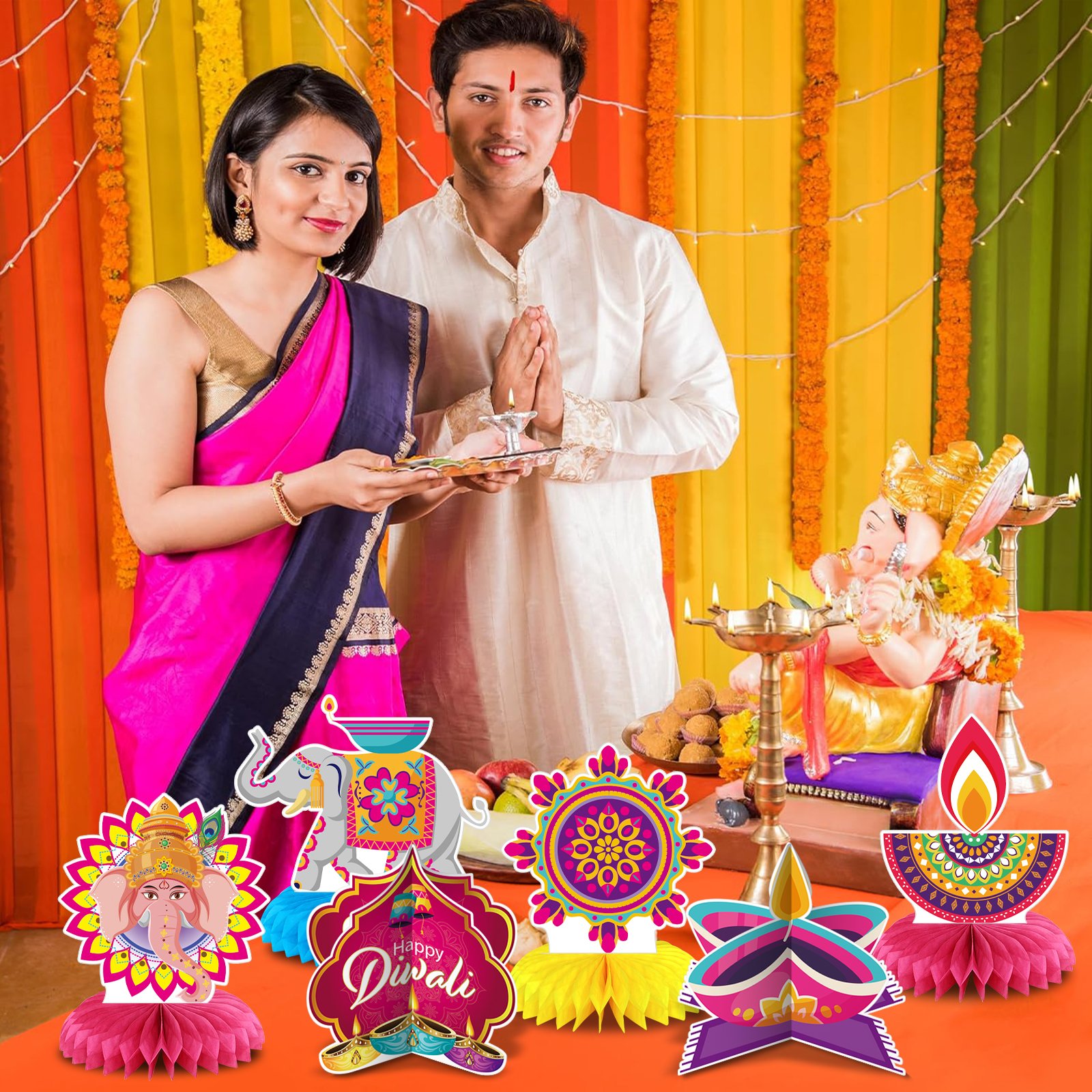 Umiss Paper Diwali Party Decoration paper banner cake toppers and balloons paper fans hanging decoration