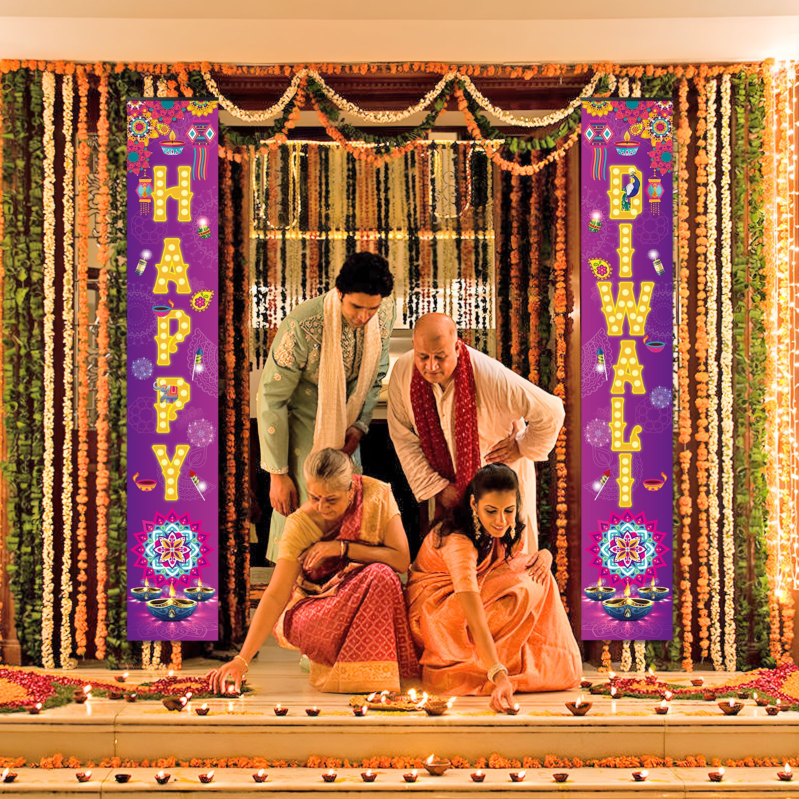 Umiss Paper Diwali Party Decoration paper banner cake toppers and balloons paper fans hanging decoration