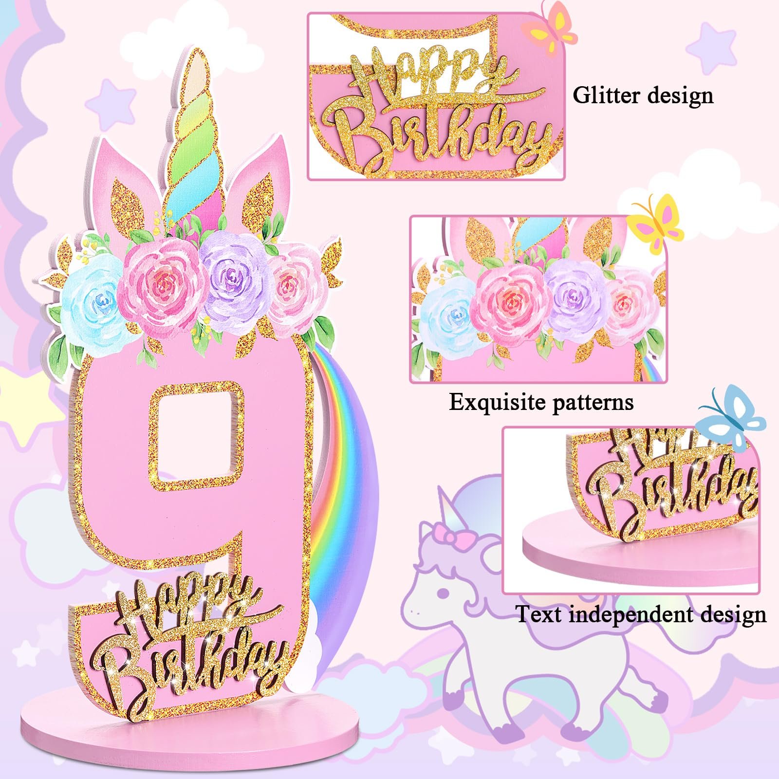 Unicorn 3/6/9th Birthday Number Sign Centerpiece for Girls Unicorn Number Wooden Table Decoration Unicorn Party Supplies