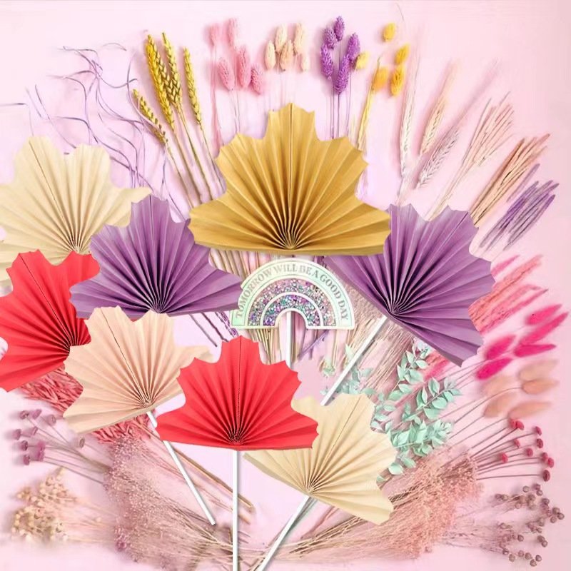New Arrival 2pcs/bag Fan Cake Decoration Golden Leaf Decor Paper Cake topper for Women's Cake