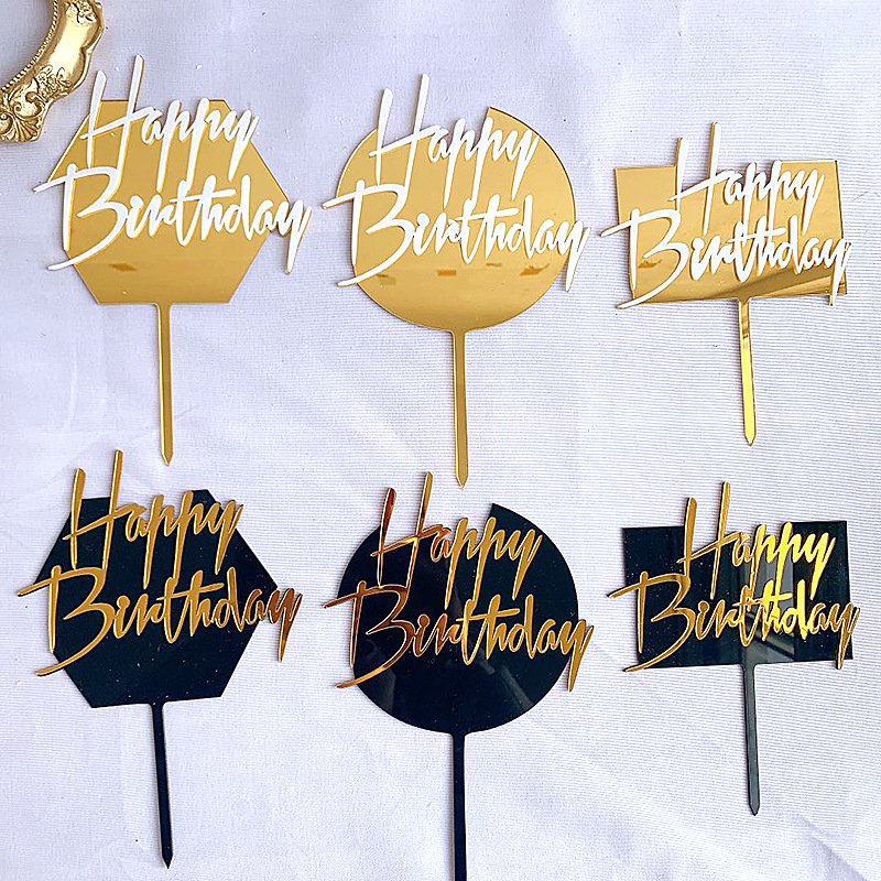 Double Layer Acrylic Birthday Cake Decorating Supplies Black Gold Platinum Happy Birthday Letters Cake Topper Baking Decorations