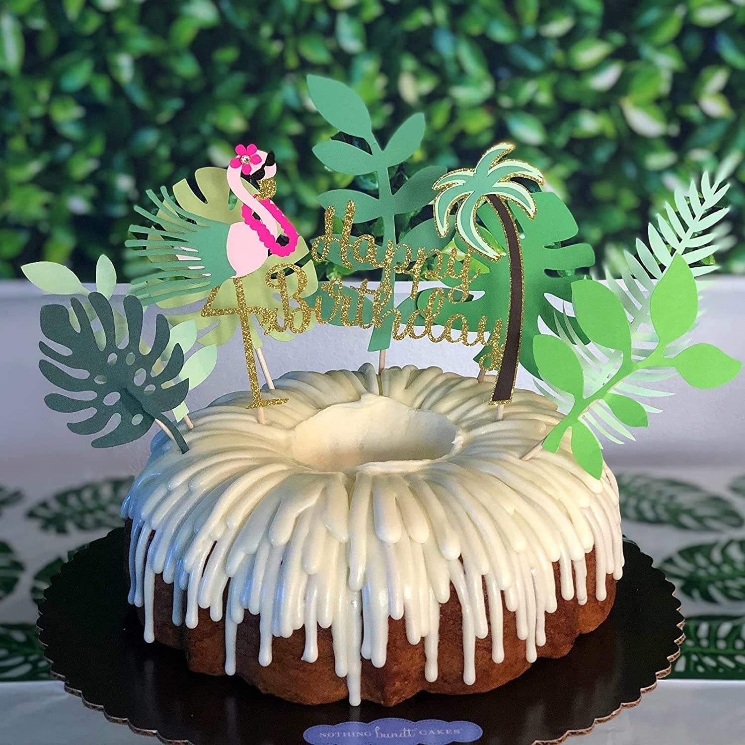 Flamingo Cake Topper with Leaf Glitter Cake Toppers Happy Birthday Tropical Leaf Ahola Hawaiian Theme Party Supplies