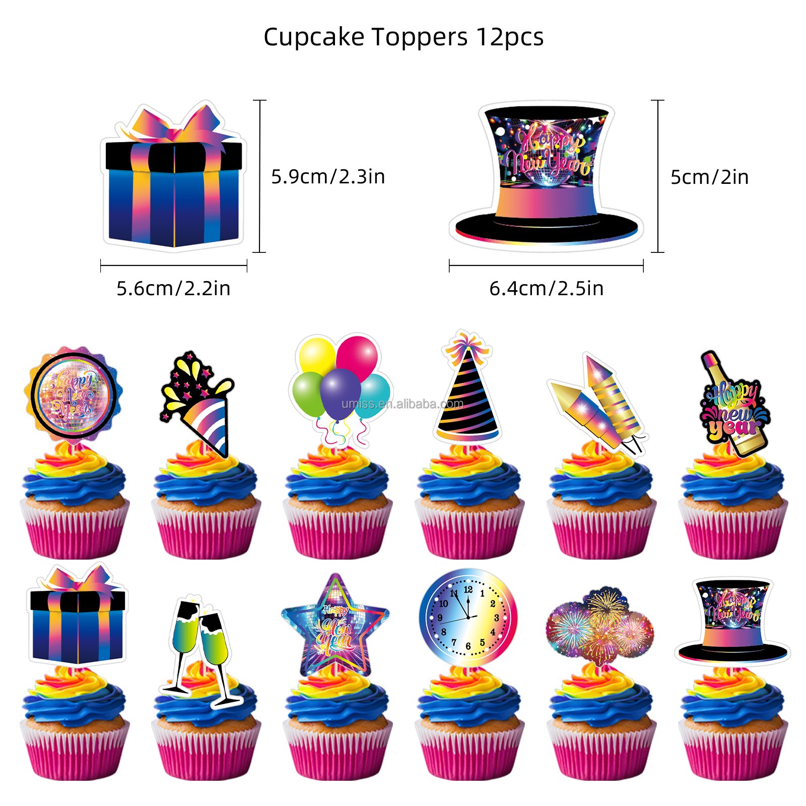 UMISS 32pcs Colorful fireworks themed New Year party decorations 2025 New Year Banner ,Cake tooppers,Balloons