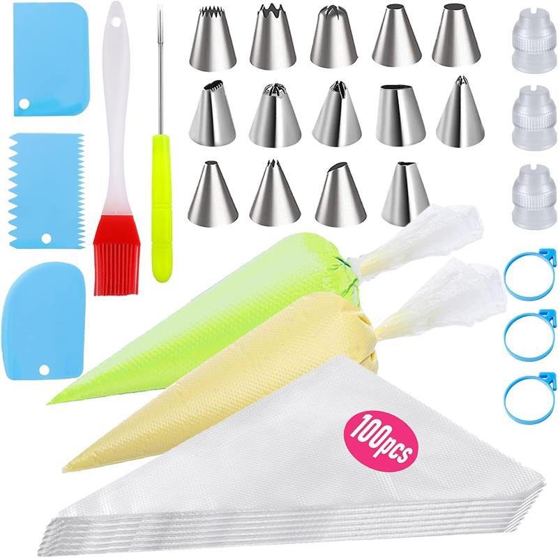 120pcs Piping Bags Tips Set Cakes Decorating Kit Supplies with Couplers Frosting Tips Bag Ties Cake Scraper Candle Decorations
