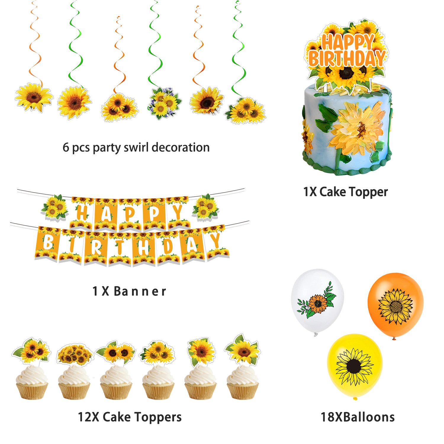 Sunflower Theme Party Balloon Set Banner Cake Topper Size Plate Spiral Swing Latex Balloon Decoration Photo Props