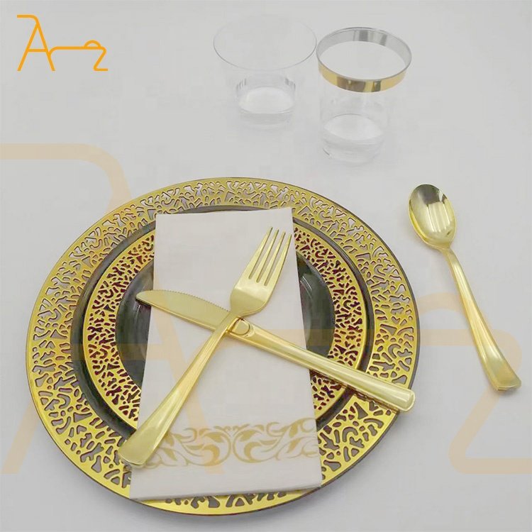 Custom luxury black gold rim plastic plates sets cake dessert dinner wedding party round disposable plates in bulk