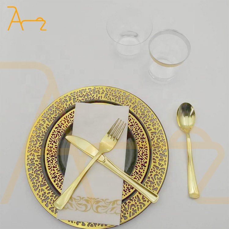 Custom luxury black gold rim plastic plates sets cake dessert dinner wedding party round disposable plates in bulk