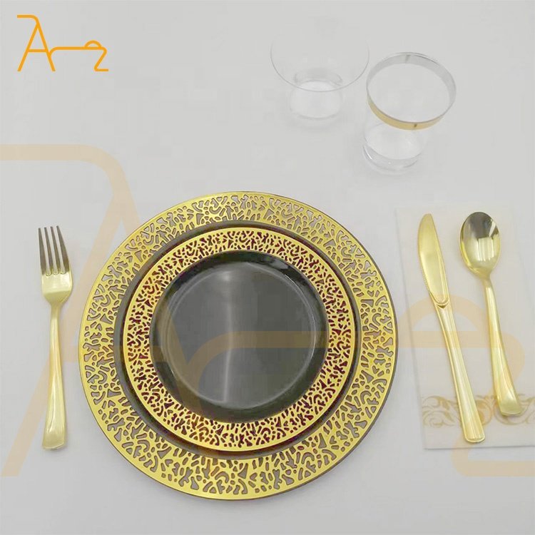 Custom luxury black gold rim plastic plates sets cake dessert dinner wedding party round disposable plates in bulk