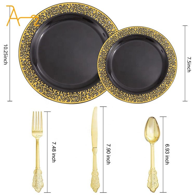 Custom luxury black gold rim plastic plates sets cake dessert dinner wedding party round disposable plates in bulk