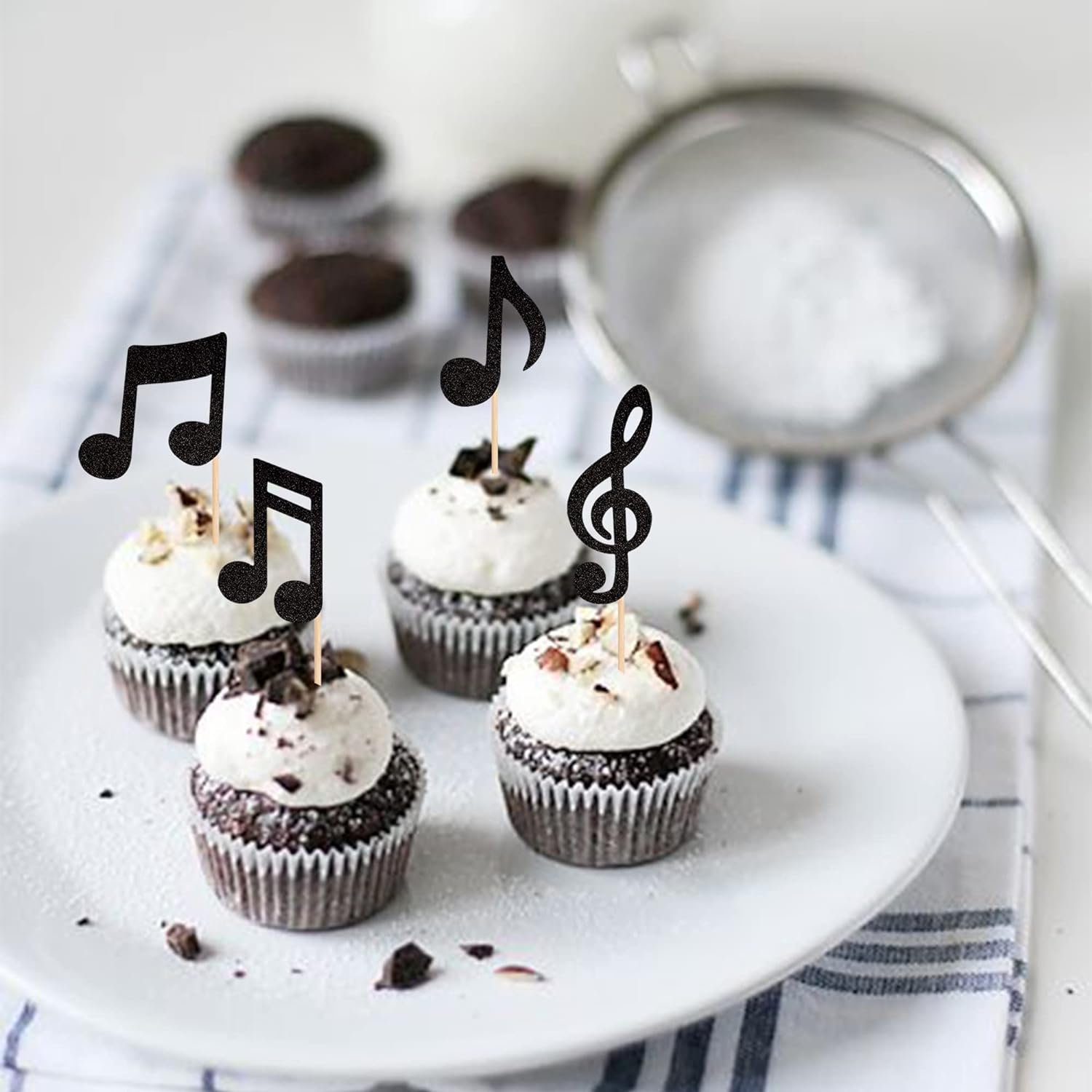 24 PCS Music Notes Cupcake Toppers Black Glitter Musical Symbol Cupcake Picks for Baby Shower Wedding Birthday Party Supplies