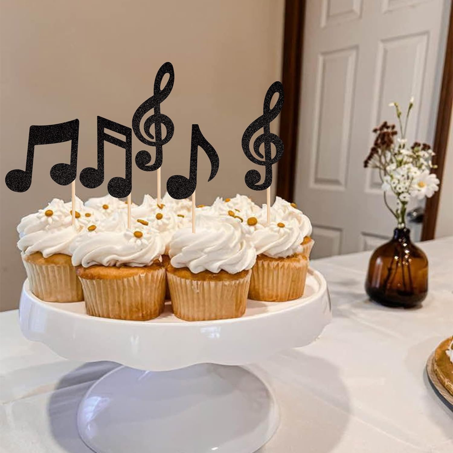 24 PCS Music Notes Cupcake Toppers Black Glitter Musical Symbol Cupcake Picks for Baby Shower Wedding Birthday Party Supplies