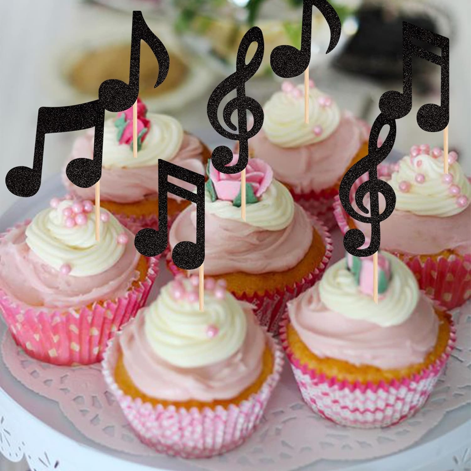 24 PCS Music Notes Cupcake Toppers Black Glitter Musical Symbol Cupcake Picks for Baby Shower Wedding Birthday Party Supplies