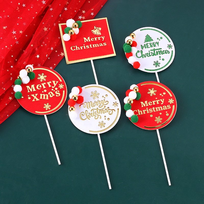 Ychon Round shape Christmas Cupcake Toppers Cake Decoration Picks With Fur Ball For Christmas Party Decoration