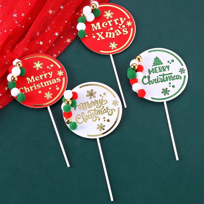 Ychon Round shape Christmas Cupcake Toppers Cake Decoration Picks With Fur Ball For Christmas Party Decoration