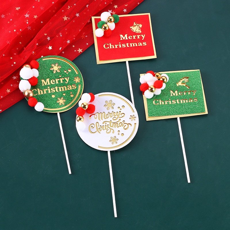 Ychon Round shape Christmas Cupcake Toppers Cake Decoration Picks With Fur Ball For Christmas Party Decoration