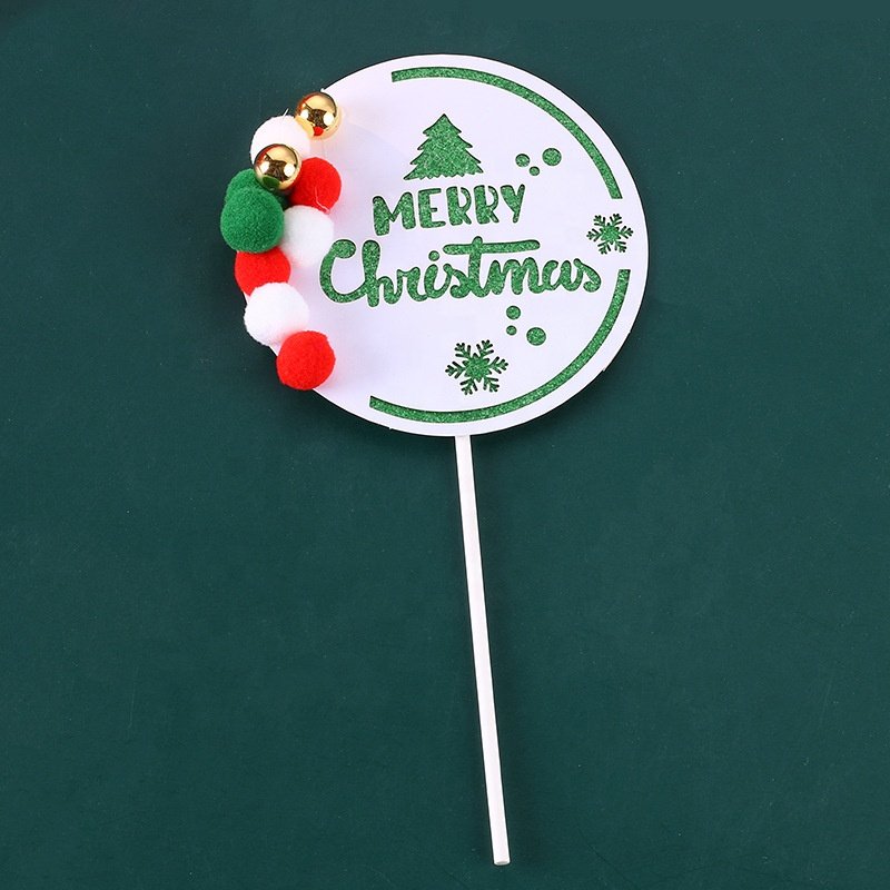 Ychon Round shape Christmas Cupcake Toppers Cake Decoration Picks With Fur Ball For Christmas Party Decoration