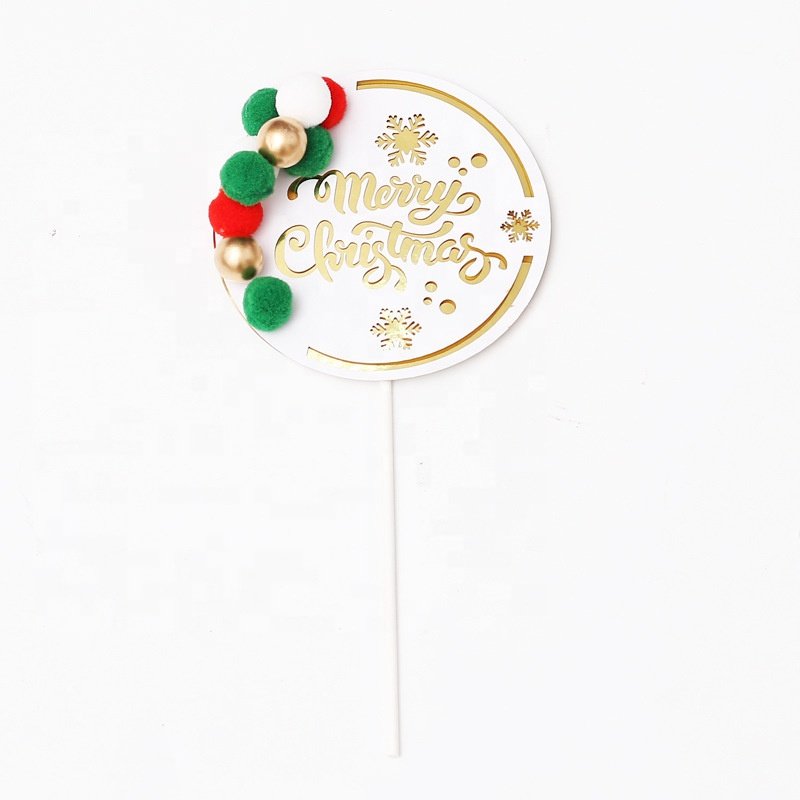Ychon Round shape Christmas Cupcake Toppers Cake Decoration Picks With Fur Ball For Christmas Party Decoration