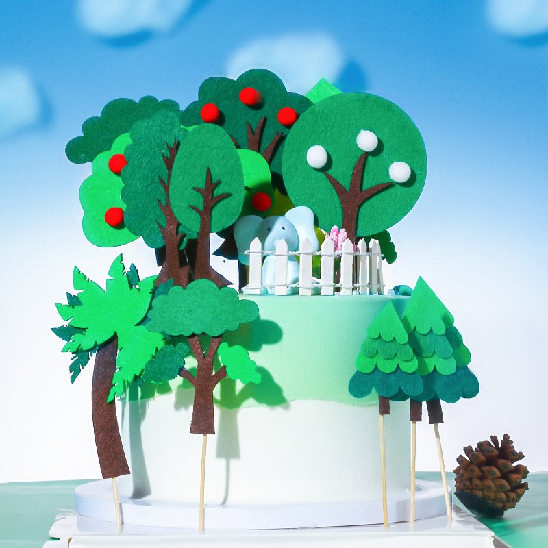 Non-Woven Woodland Green Trees Cake Topper Handmade Woodland Theme Cake Decorations Birthday Party Supplies