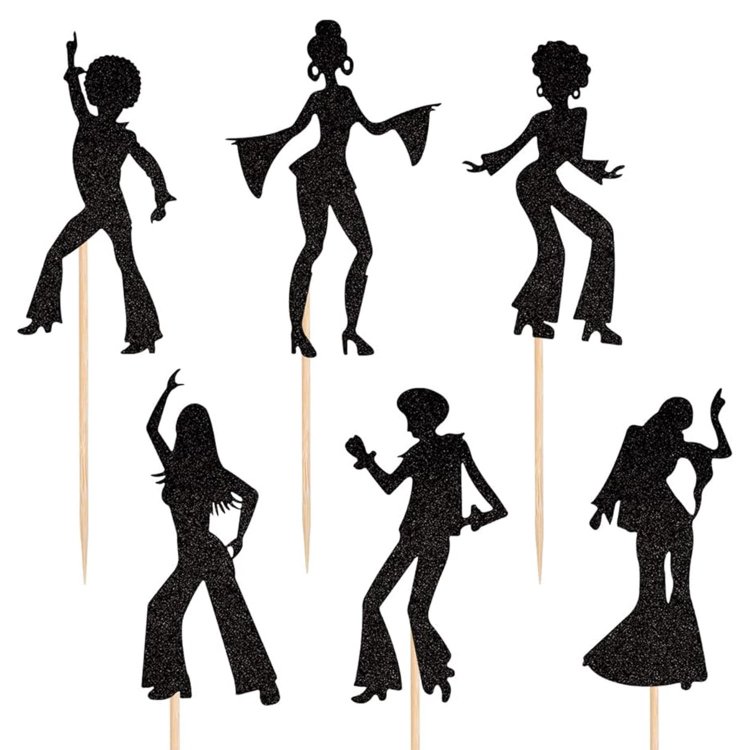 70's Disco Cupcake Toppers Black Glitter Dancing Cupcake Picks for Music Disco Theme Wedding Men Women Birthday Party Supplies